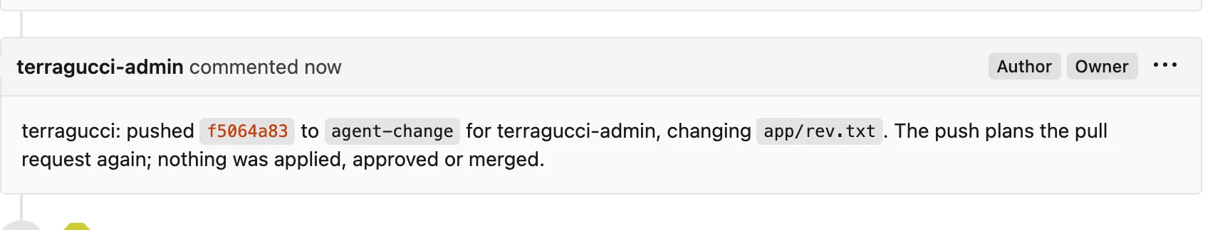 terragucci's reply on a Forgejo pull request: it pushed a commit to agent-change, changing app/rev.txt; the push plans the pull request again, and nothing was applied, approved or merged