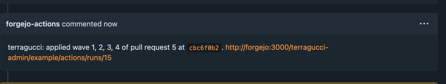 terragucci's reply to /terragucci apply on the merged module bump pull request in Forgejo: it applied waves 1, 2, 3 and 4 of the pull request at its merge commit, and links the run