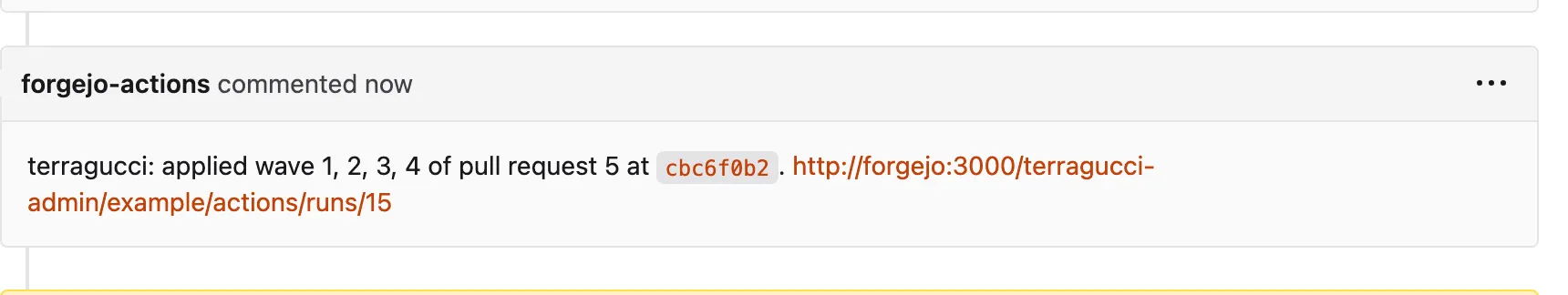 terragucci's reply to /terragucci apply on the merged module bump pull request in Forgejo: it applied waves 1, 2, 3 and 4 of the pull request at its merge commit, and links the run