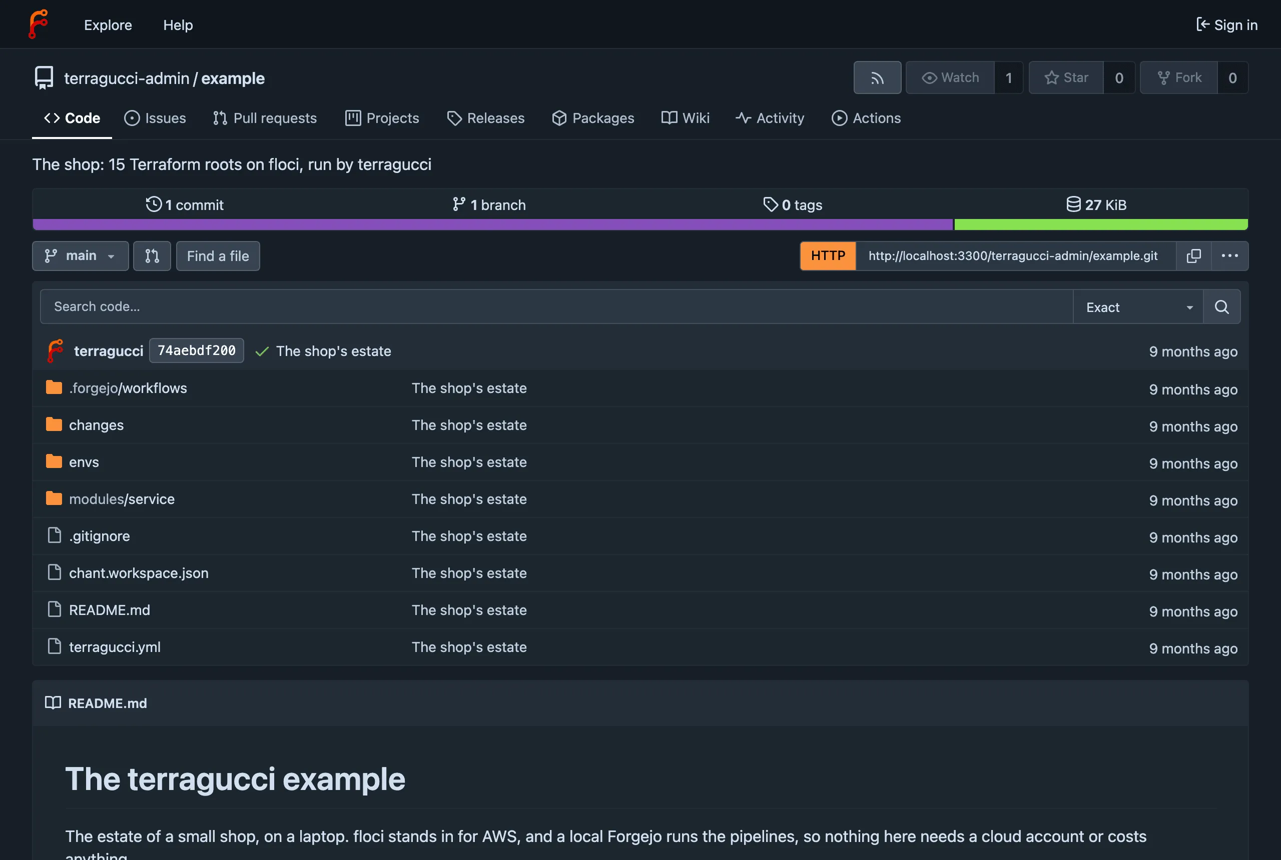 The example repo on the local Forgejo, showing envs, modules, changes and terragucci.yml