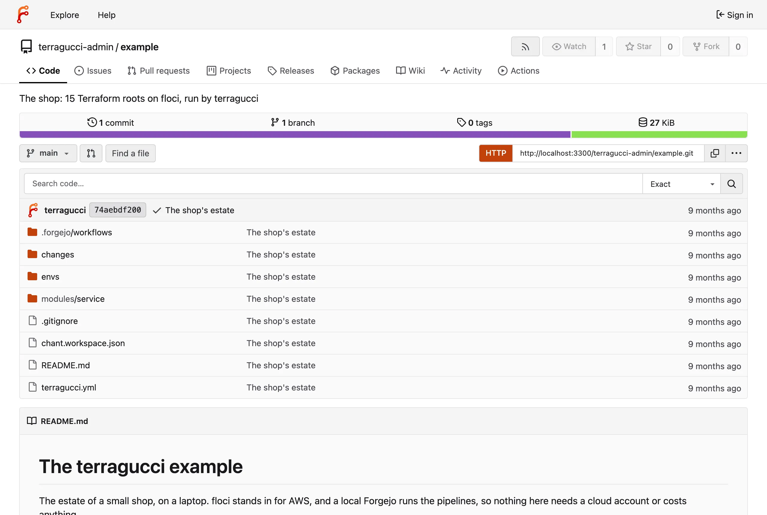 The example repo on the local Forgejo, showing envs, modules, changes and terragucci.yml