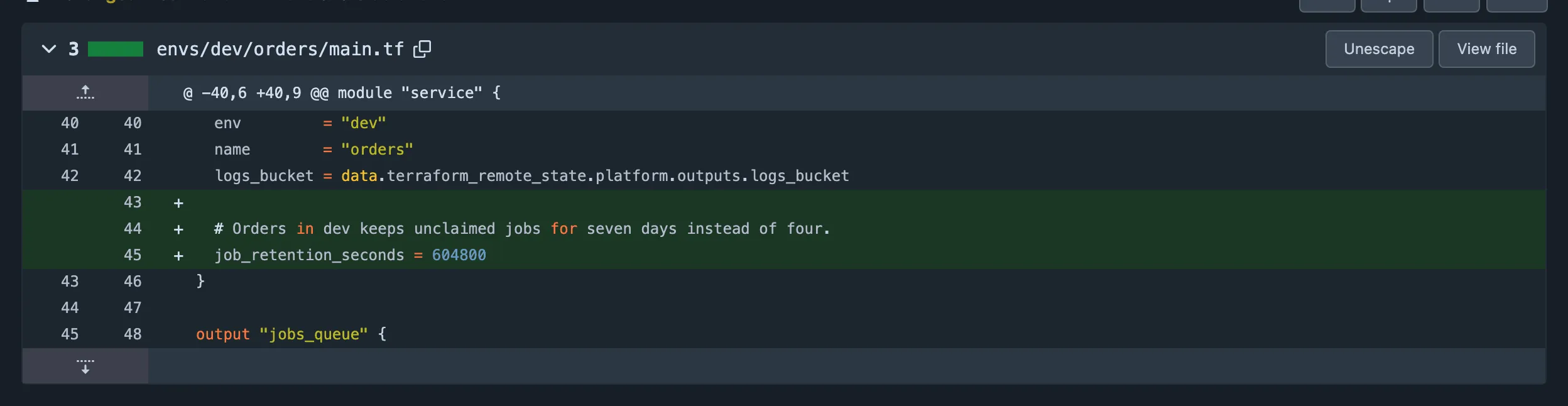 The pull request's files tab, adding job_retention_seconds = 604800 to dev orders
