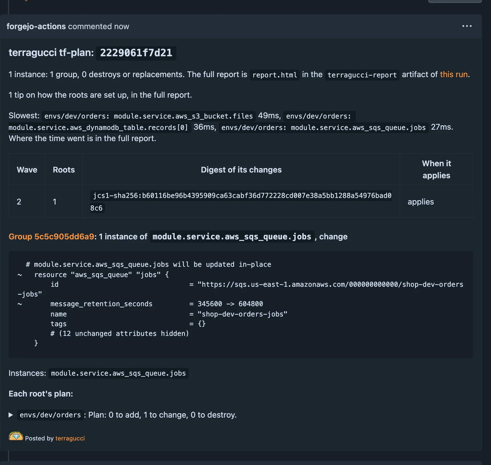 The plan note on a Forgejo pull request for a change to one root: one instance in one group, no destroys, wave 2 with its set digest, and the change to the jobs queue, which keeps messages for seven days