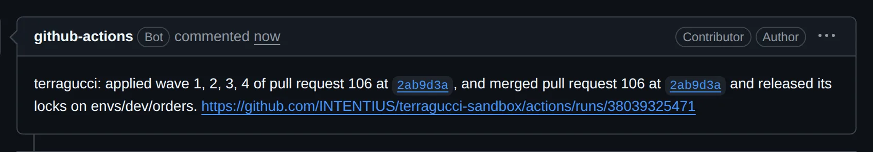 terragucci's reply on a GitHub pull request under merge: auto, from github-actions: it applied waves 1, 2, 3 and 4 of the pull request at its head, merged the pull request at that head, released its locks on envs/dev/orders, and links the run