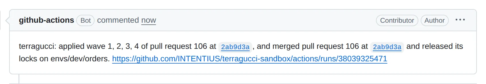 terragucci's reply on a GitHub pull request under merge: auto, from github-actions: it applied waves 1, 2, 3 and 4 of the pull request at its head, merged the pull request at that head, released its locks on envs/dev/orders, and links the run