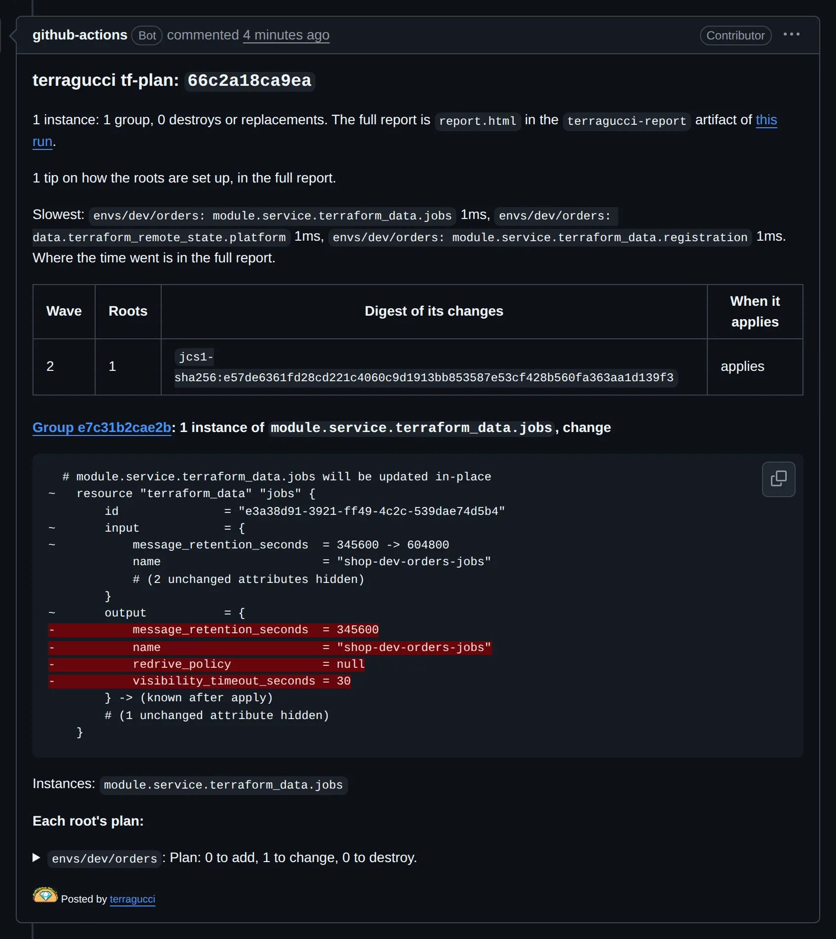 The plan note on a GitHub pull request: one group, its waves table with the set digest, and the change to the jobs queue