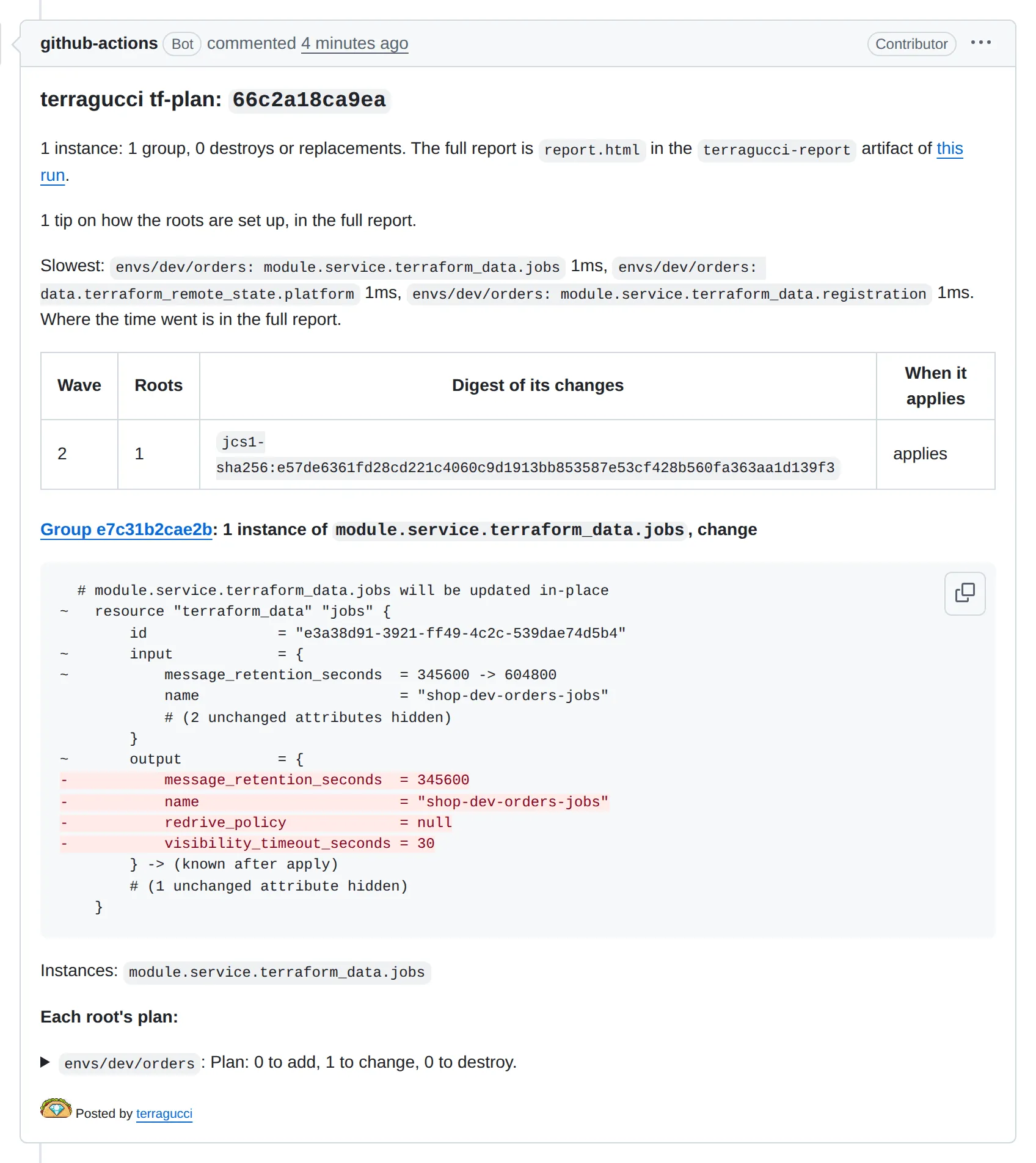 The plan note on a GitHub pull request: one group, its waves table with the set digest, and the change to the jobs queue