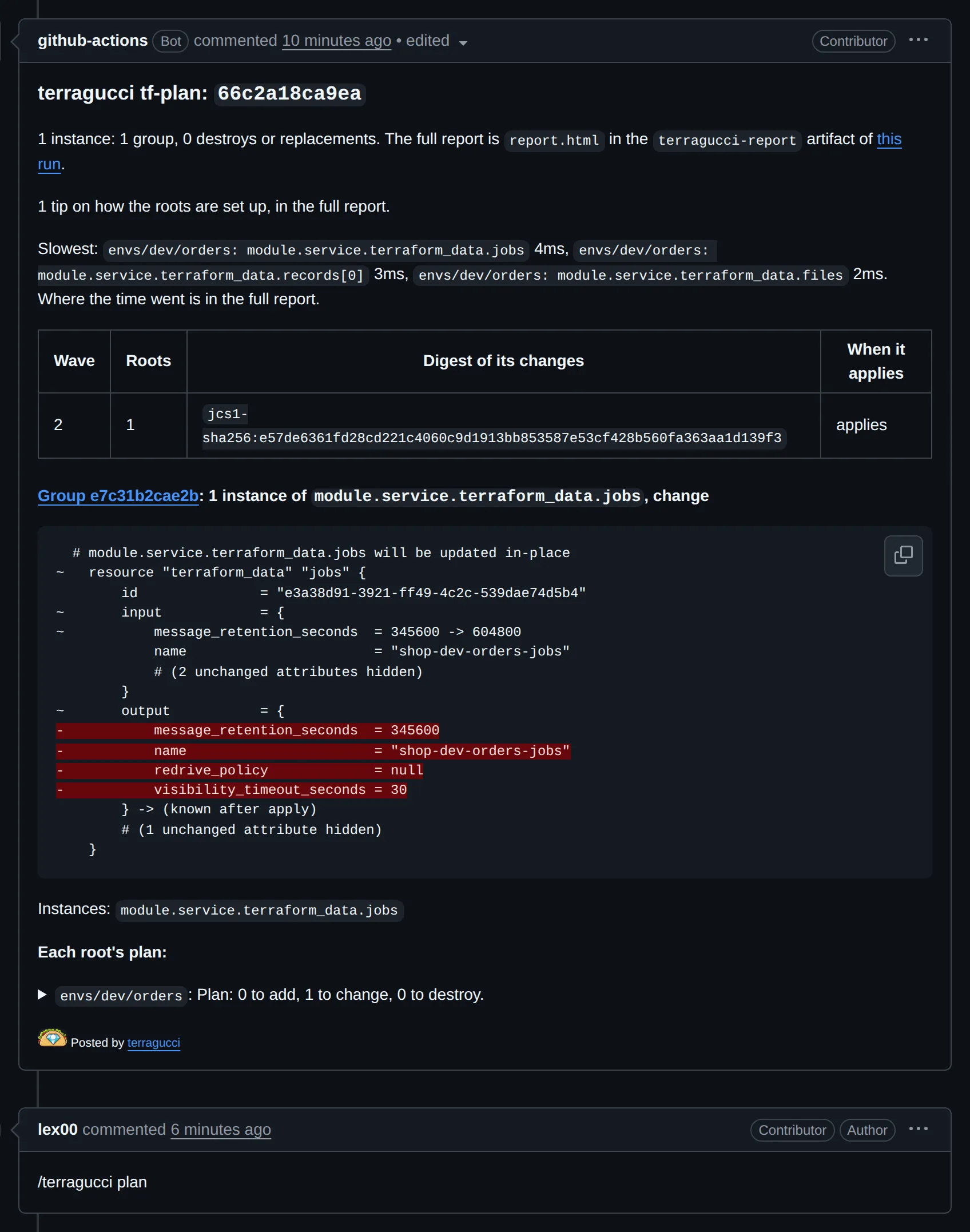 The plan note on a GitHub pull request, edited after the /terragucci plan comment below it: one instance in one group, no destroys, wave 2 with its set digest, and the change to module.service.terraform_data.jobs