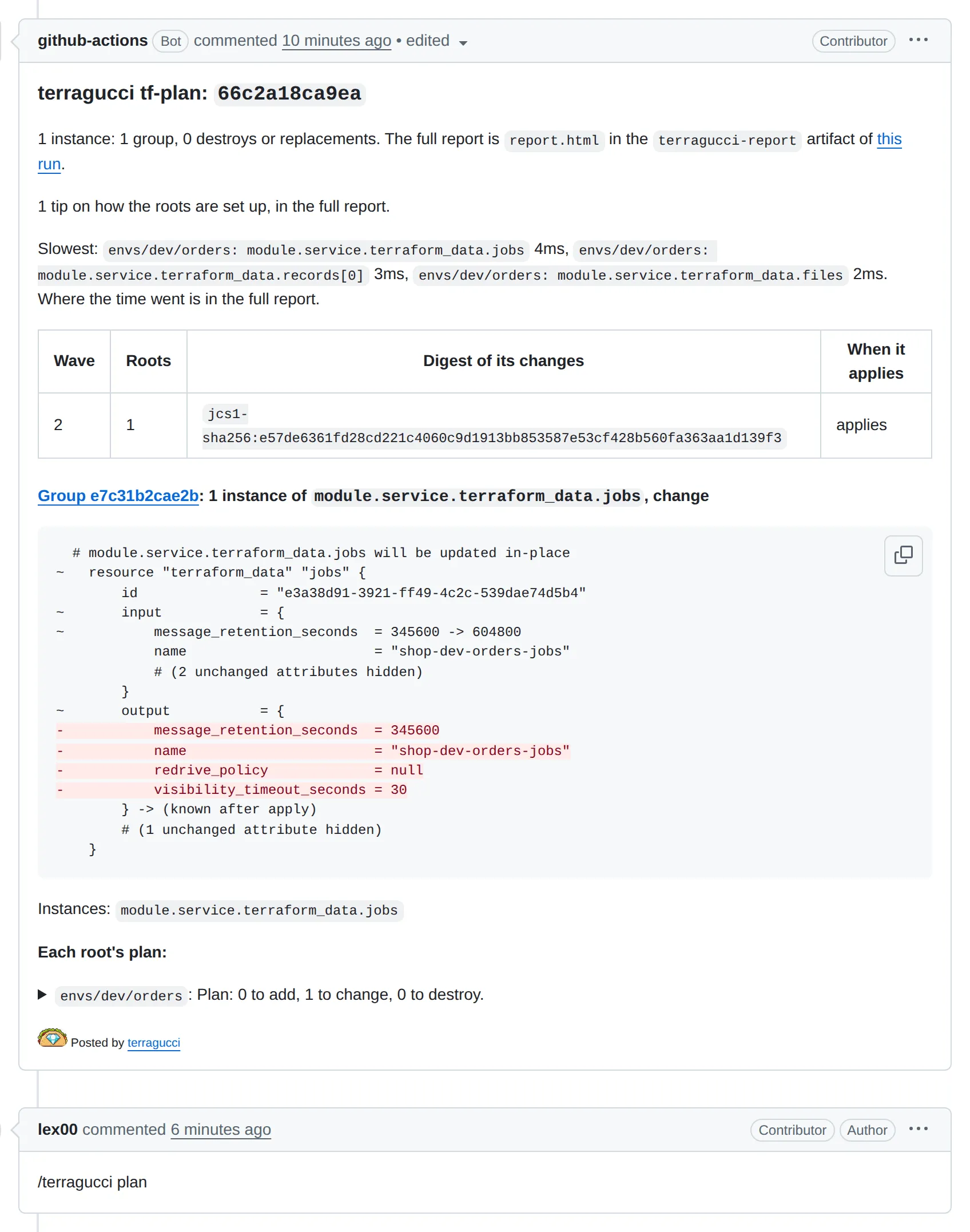The plan note on a GitHub pull request, edited after the /terragucci plan comment below it: one instance in one group, no destroys, wave 2 with its set digest, and the change to module.service.terraform_data.jobs