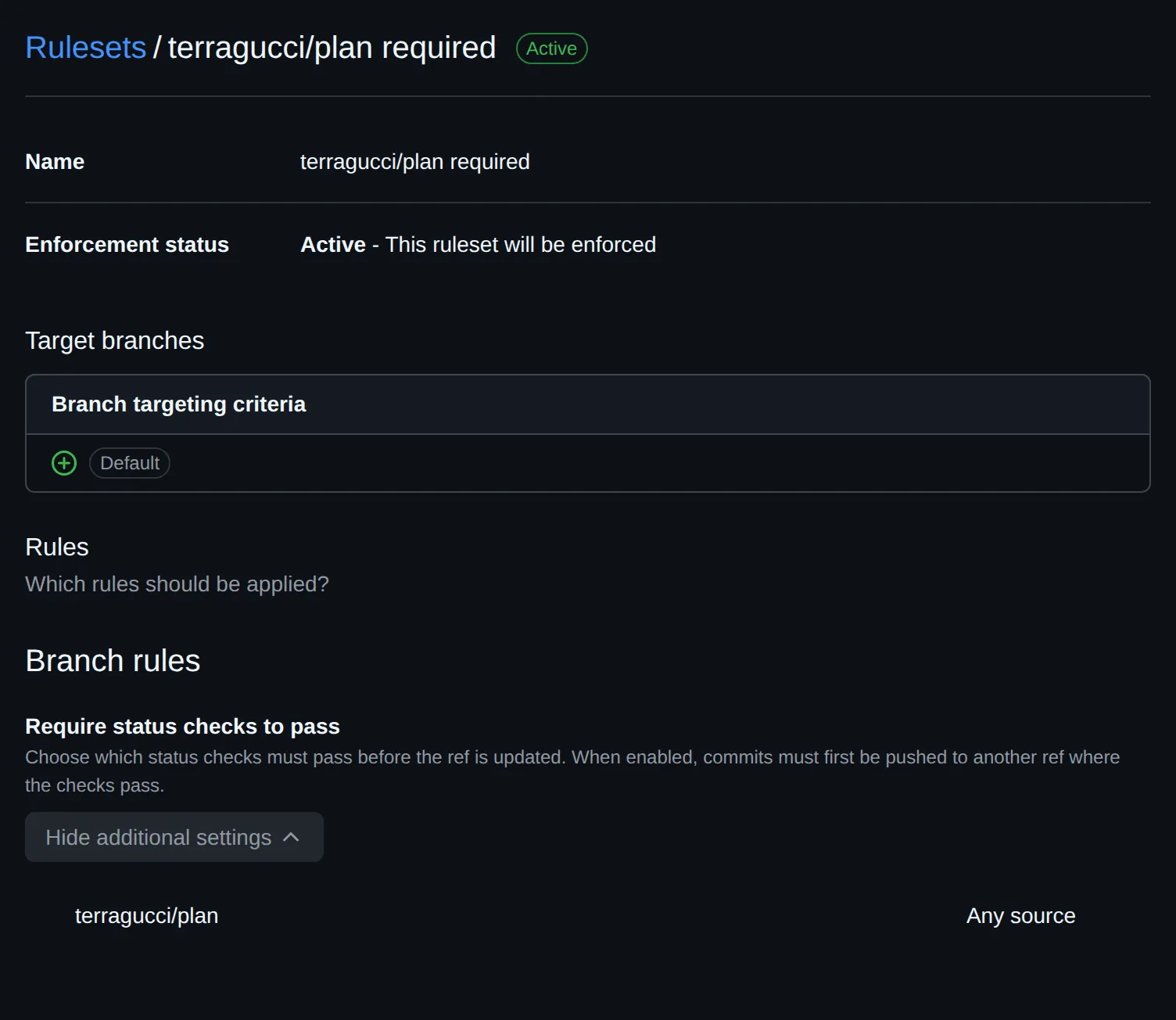 A GitHub ruleset named terragucci/plan required, active on the default branch, requiring the status check terragucci/plan