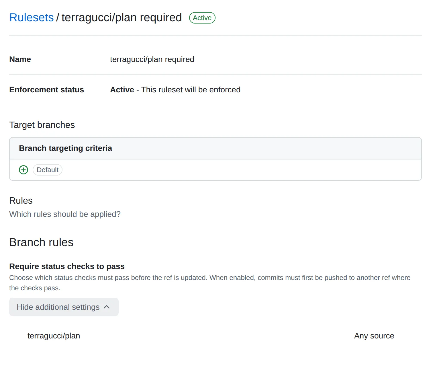 A GitHub ruleset named terragucci/plan required, active on the default branch, requiring the status check terragucci/plan