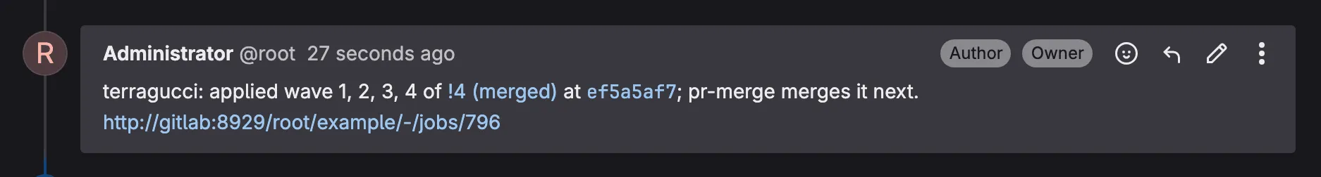 terragucci's reply on a GitLab merge request under merge: auto: it applied waves 1, 2, 3 and 4 of the merge request at its head, pr-merge merges it next, and the reply links the job