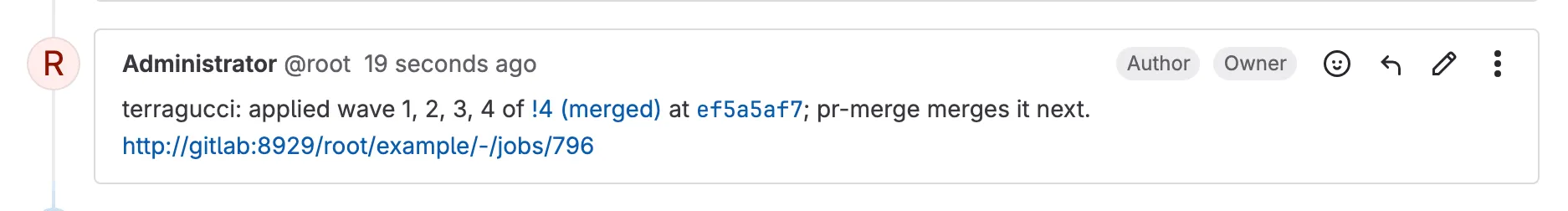 terragucci's reply on a GitLab merge request under merge: auto: it applied waves 1, 2, 3 and 4 of the merge request at its head, pr-merge merges it next, and the reply links the job