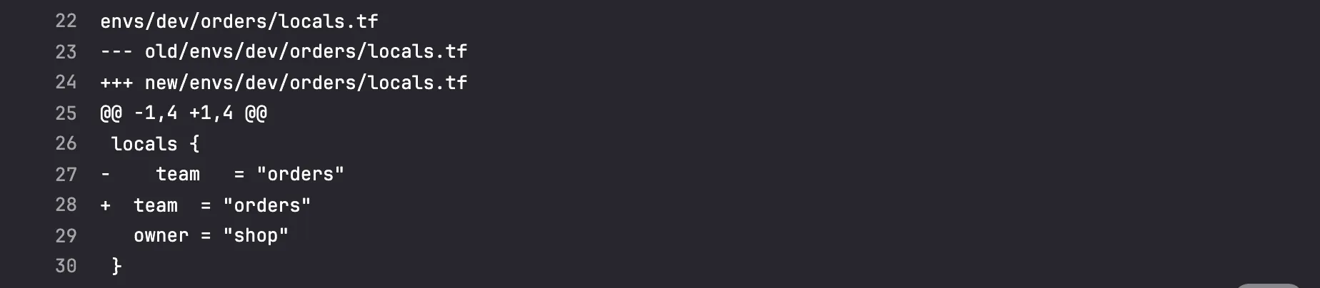 A GitLab check job's log for a change pushed without tofu fmt: the diff tofu fmt would make to envs/dev/orders/locals.tf