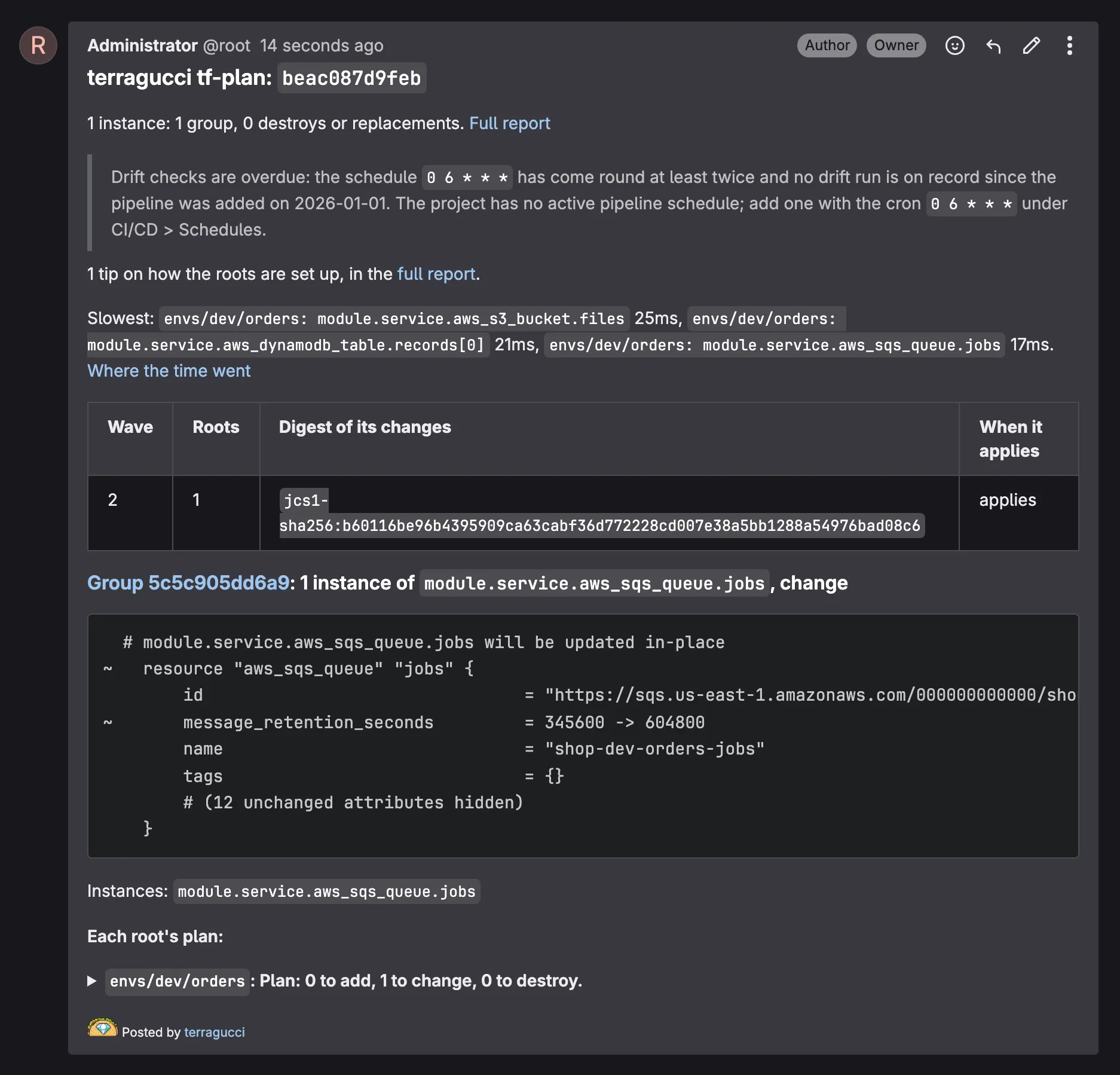 terragucci's plan note on a GitLab merge request: one instance in one group, no destroys, wave 2 with its set digest, and the change to module.service.aws_sqs_queue.jobs, which keeps messages for seven days