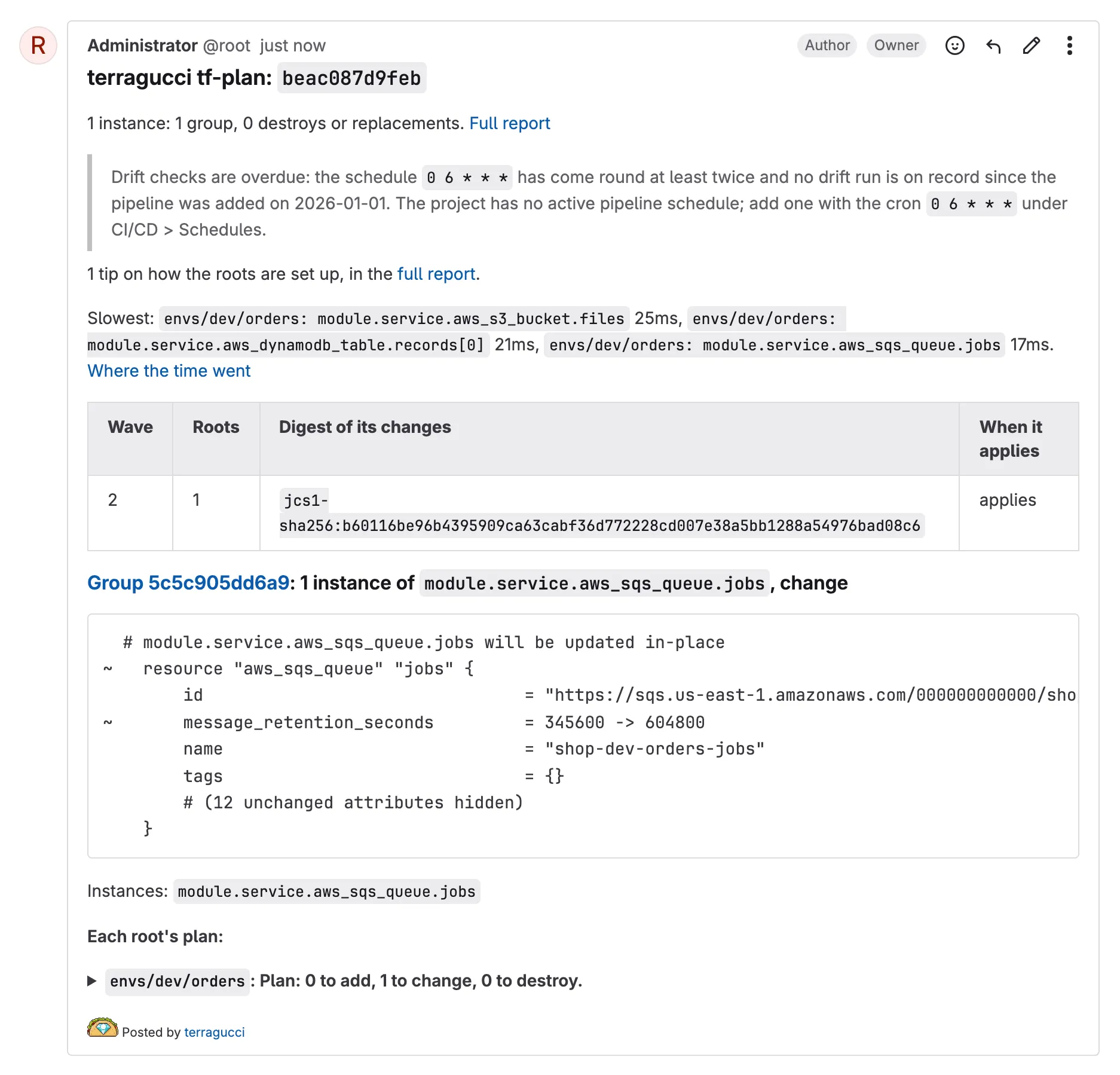 terragucci's plan note on a GitLab merge request: one instance in one group, no destroys, wave 2 with its set digest, and the change to module.service.aws_sqs_queue.jobs, which keeps messages for seven days