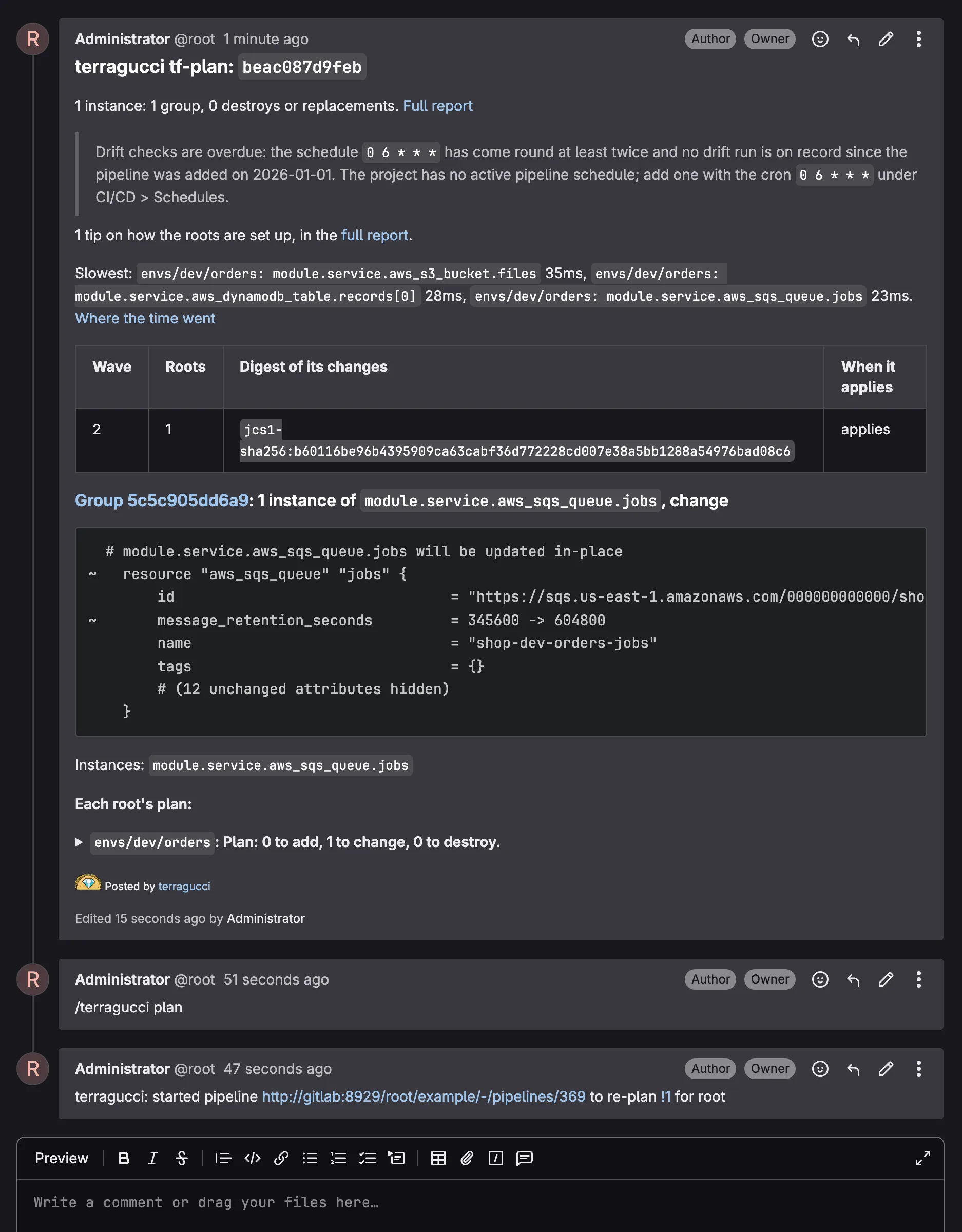 The plan note on a GitLab merge request, edited after the /terragucci plan note below it: one instance in one group, wave 2 with its set digest, and dev orders' queue keeping messages for seven days; below it, the comments job's reply that it started a pipeline to re-plan the merge request