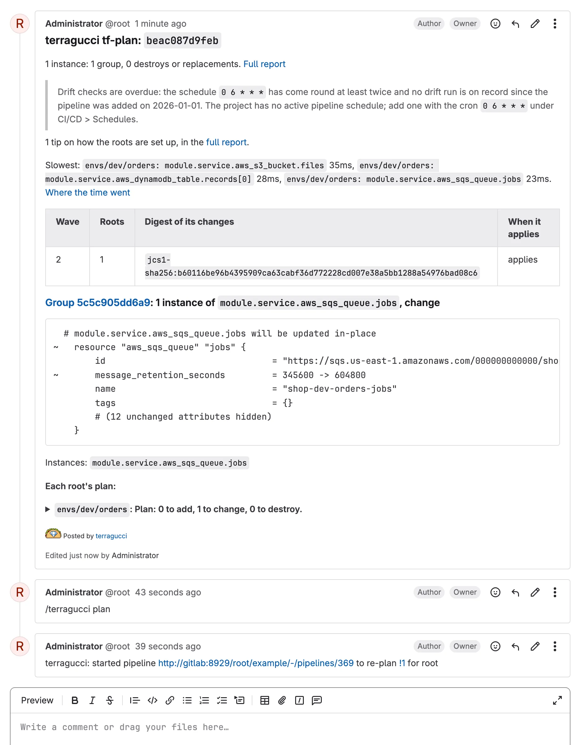 The plan note on a GitLab merge request, edited after the /terragucci plan note below it: one instance in one group, wave 2 with its set digest, and dev orders' queue keeping messages for seven days; below it, the comments job's reply that it started a pipeline to re-plan the merge request