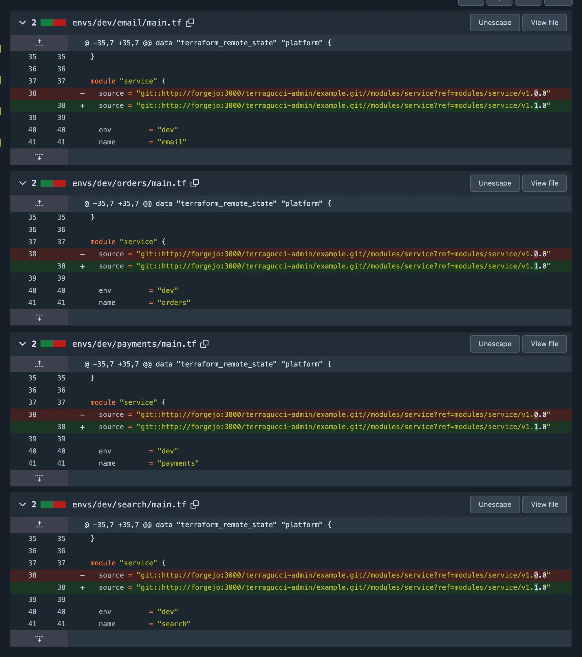 The pull request's files: each dev service main.tf moves its ref from modules/service/v1.0.0 to v1.1.0