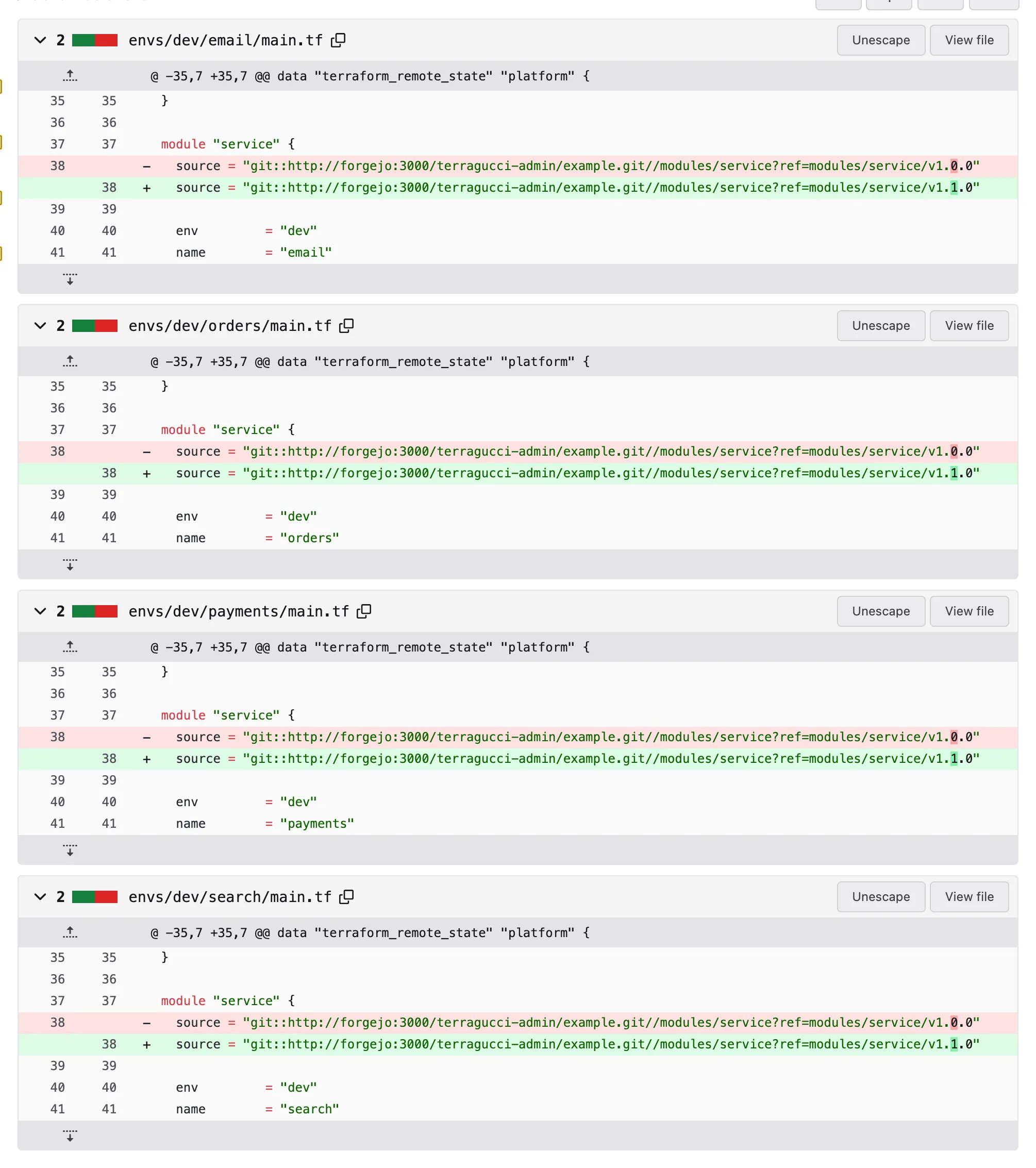 The pull request's files: each dev service main.tf moves its ref from modules/service/v1.0.0 to v1.1.0