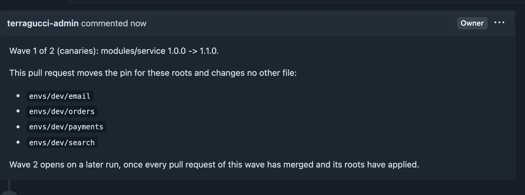 The description of the rollout's wave 1 pull request: modules/service 1.0.0 to 1.1.0 for the four dev service roots, and wave 2 opening once they have merged and applied