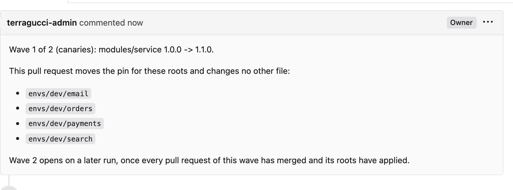 The description of the rollout's wave 1 pull request: modules/service 1.0.0 to 1.1.0 for the four dev service roots, and wave 2 opening once they have merged and applied