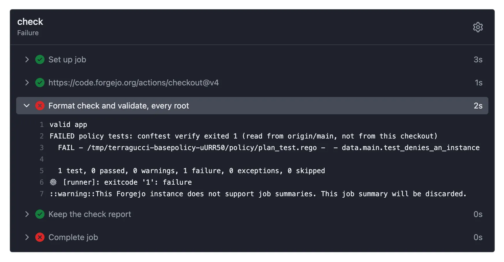 The failed check job in Forgejo, its check step open where conftest verify failed on the policy read from origin/main and named the test test_denies_an_instance