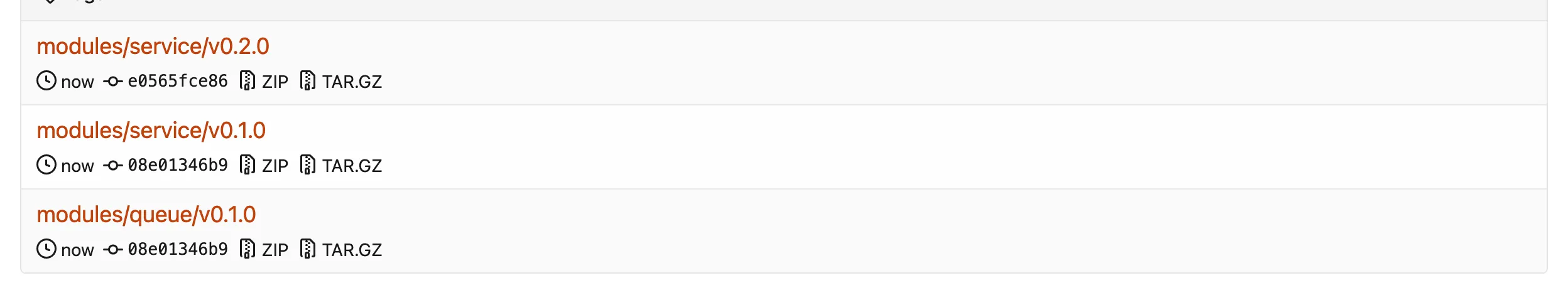 The tags page of a Forgejo repo after three merges: modules/service/v0.2.0, modules/service/v0.1.0 and modules/queue/v0.1.0, each pushed by the pipeline's publish job
