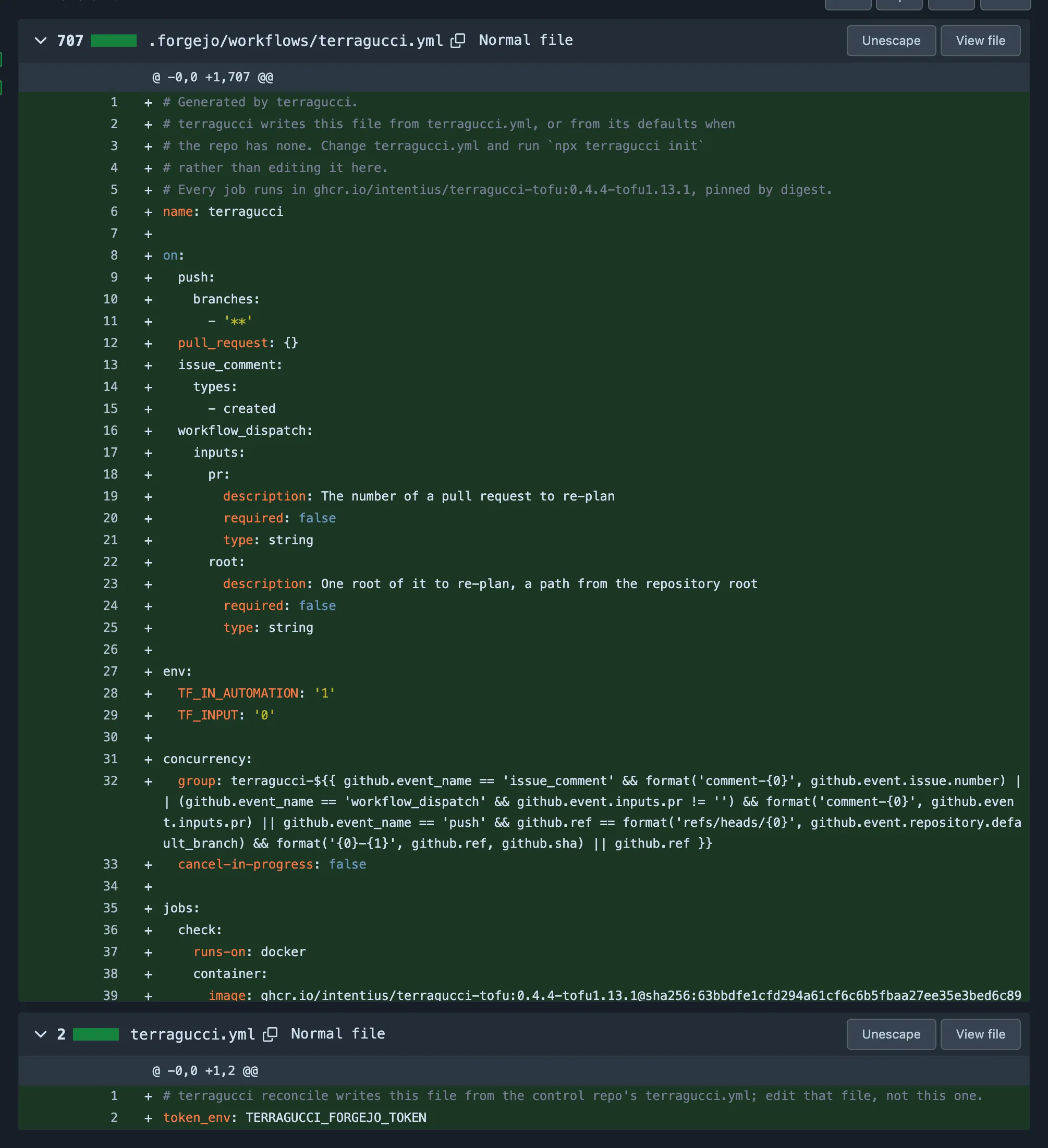 That pull request's files: the start of the generated .forgejo/workflows/terragucci.yml, its triggers and its check job pinned by digest, and the two-line terragucci.yml naming the token