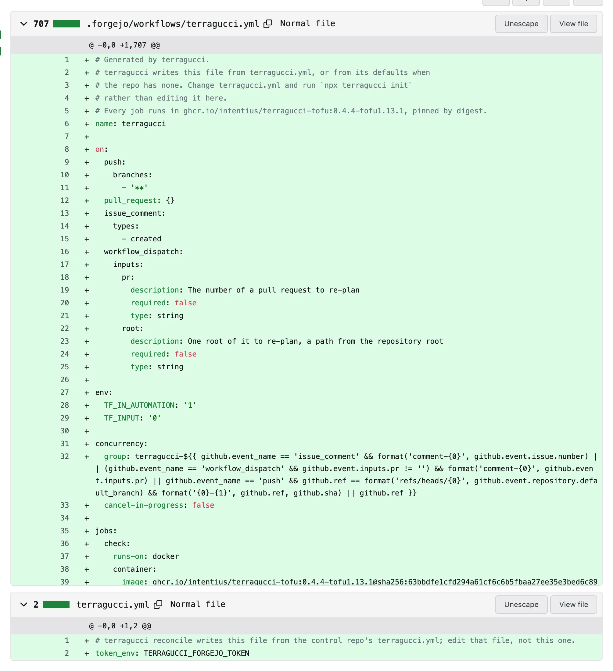 That pull request's files: the start of the generated .forgejo/workflows/terragucci.yml, its triggers and its check job pinned by digest, and the two-line terragucci.yml naming the token