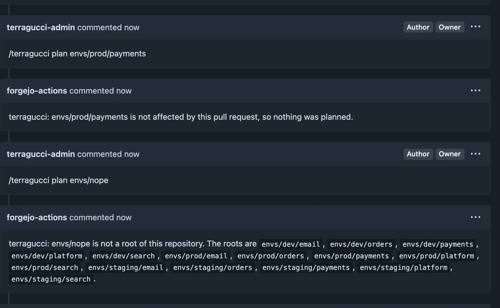 Two comments on the pull request and terragucci's replies: envs/prod/payments is not affected by this pull request, so nothing was planned; envs/nope is not a root of this repository, followed by the fifteen roots