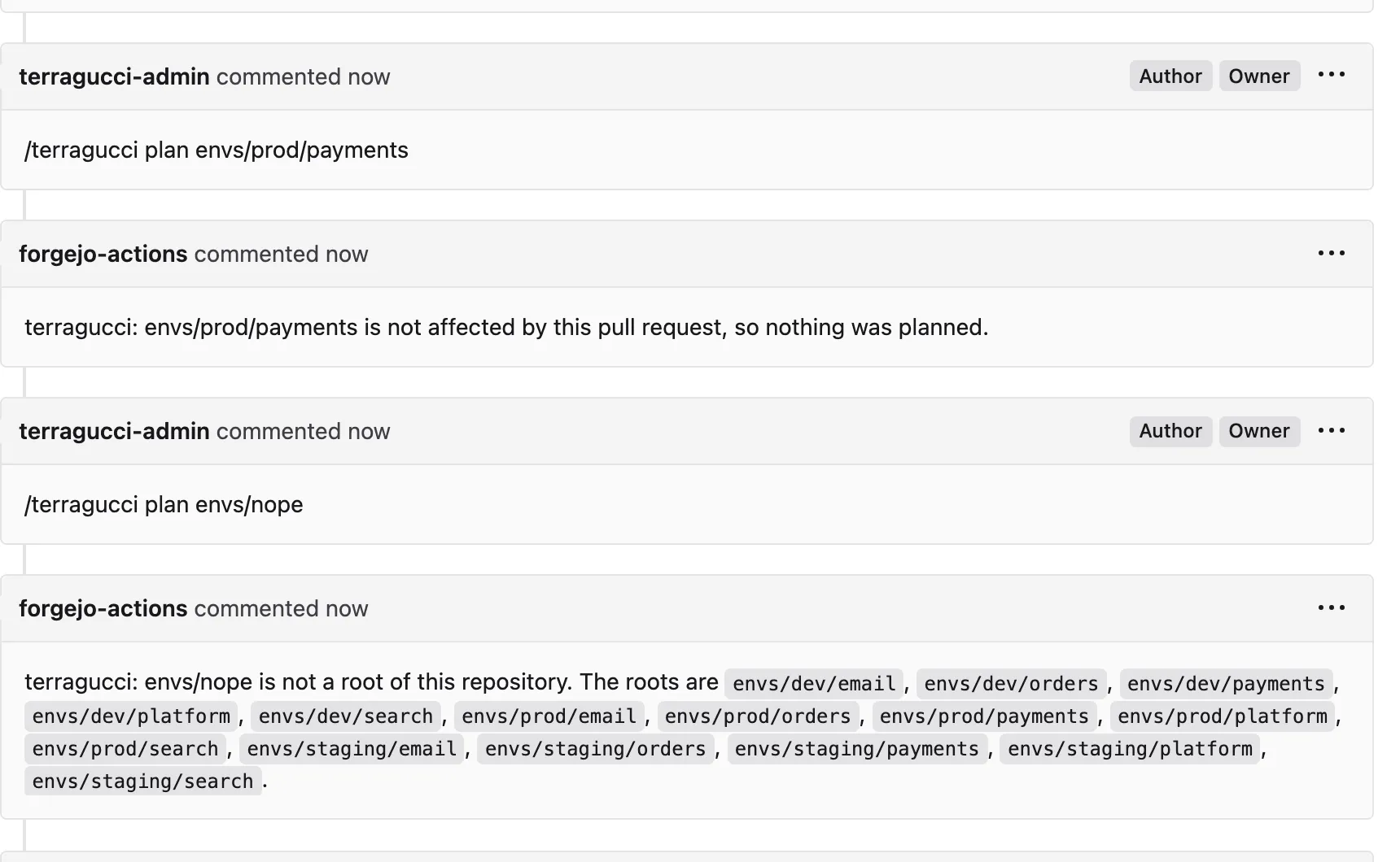 Two comments on the pull request and terragucci's replies: envs/prod/payments is not affected by this pull request, so nothing was planned; envs/nope is not a root of this repository, followed by the fifteen roots