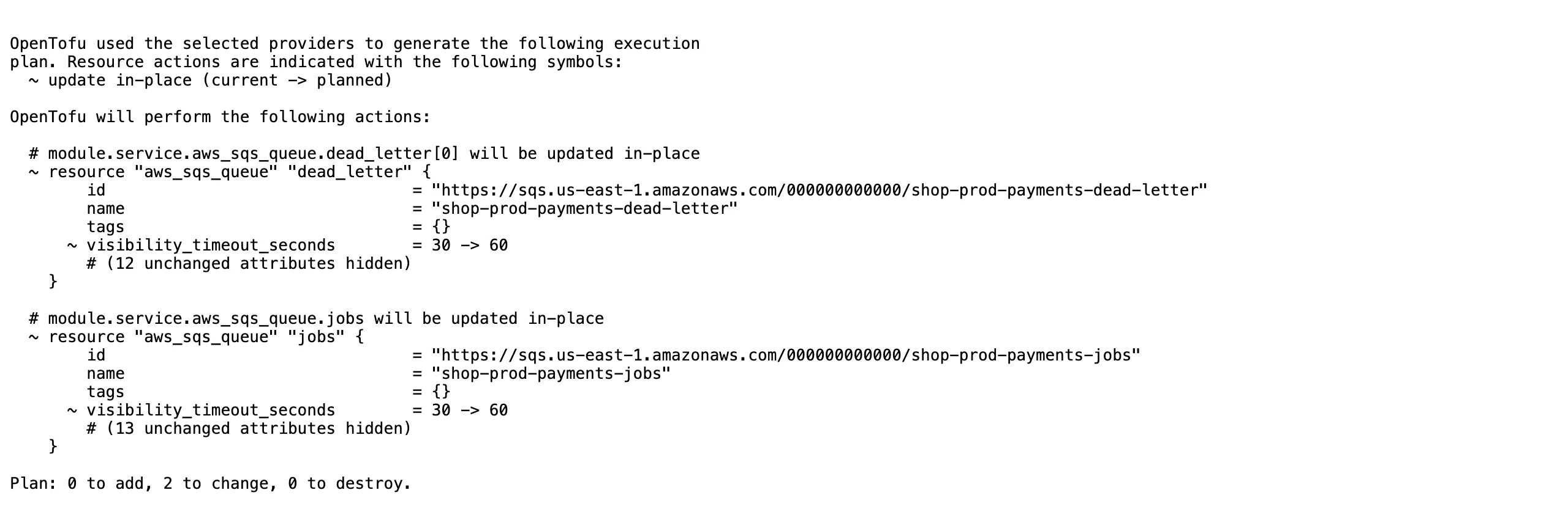 The full plan text of envs/prod/payments, opened from the report