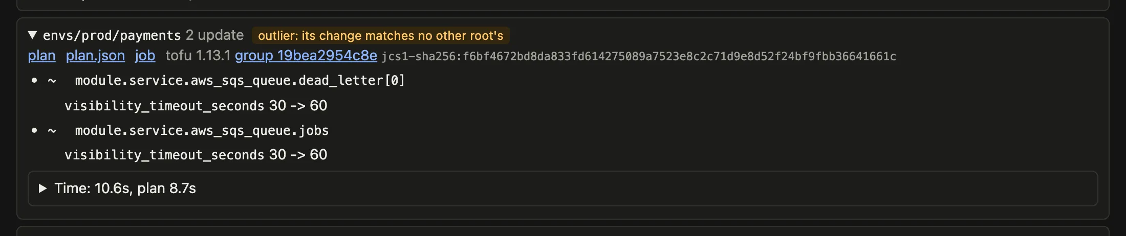 One root's row in the HTML report, envs/prod/payments, with its links to plan, plan.json and the job
