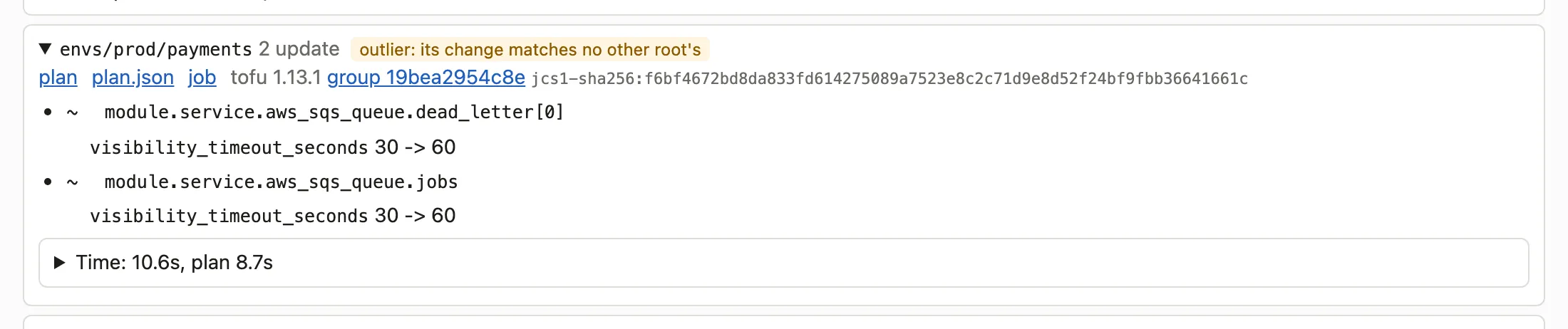One root's row in the HTML report, envs/prod/payments, with its links to plan, plan.json and the job