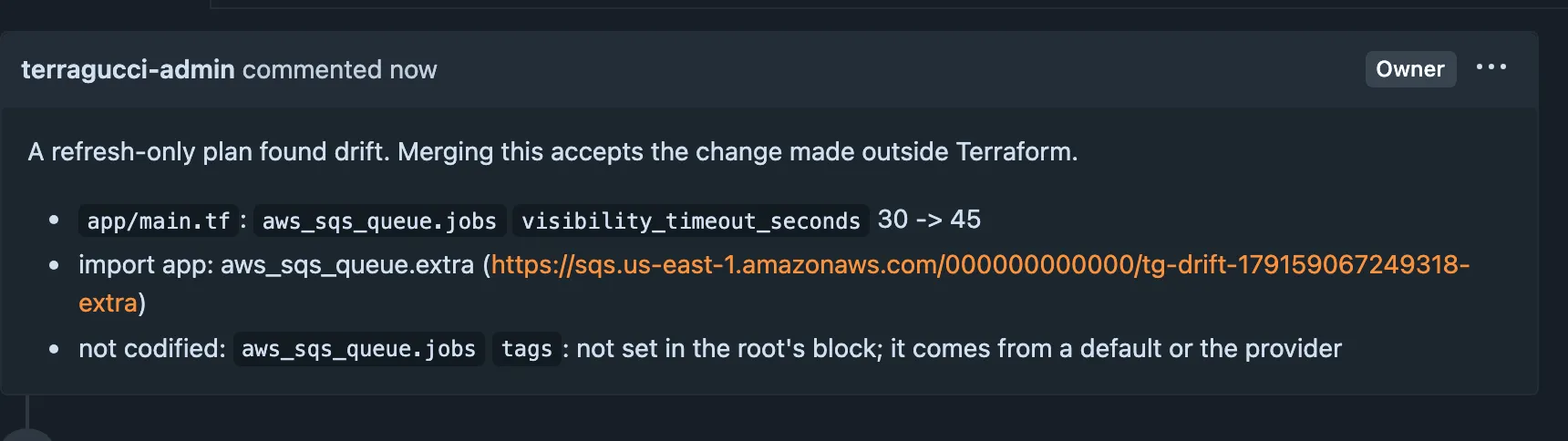 The Codify drift pull request in Forgejo, from the terragucci/drift branch: its body lists the queue timeout written from its live value and the queue to import