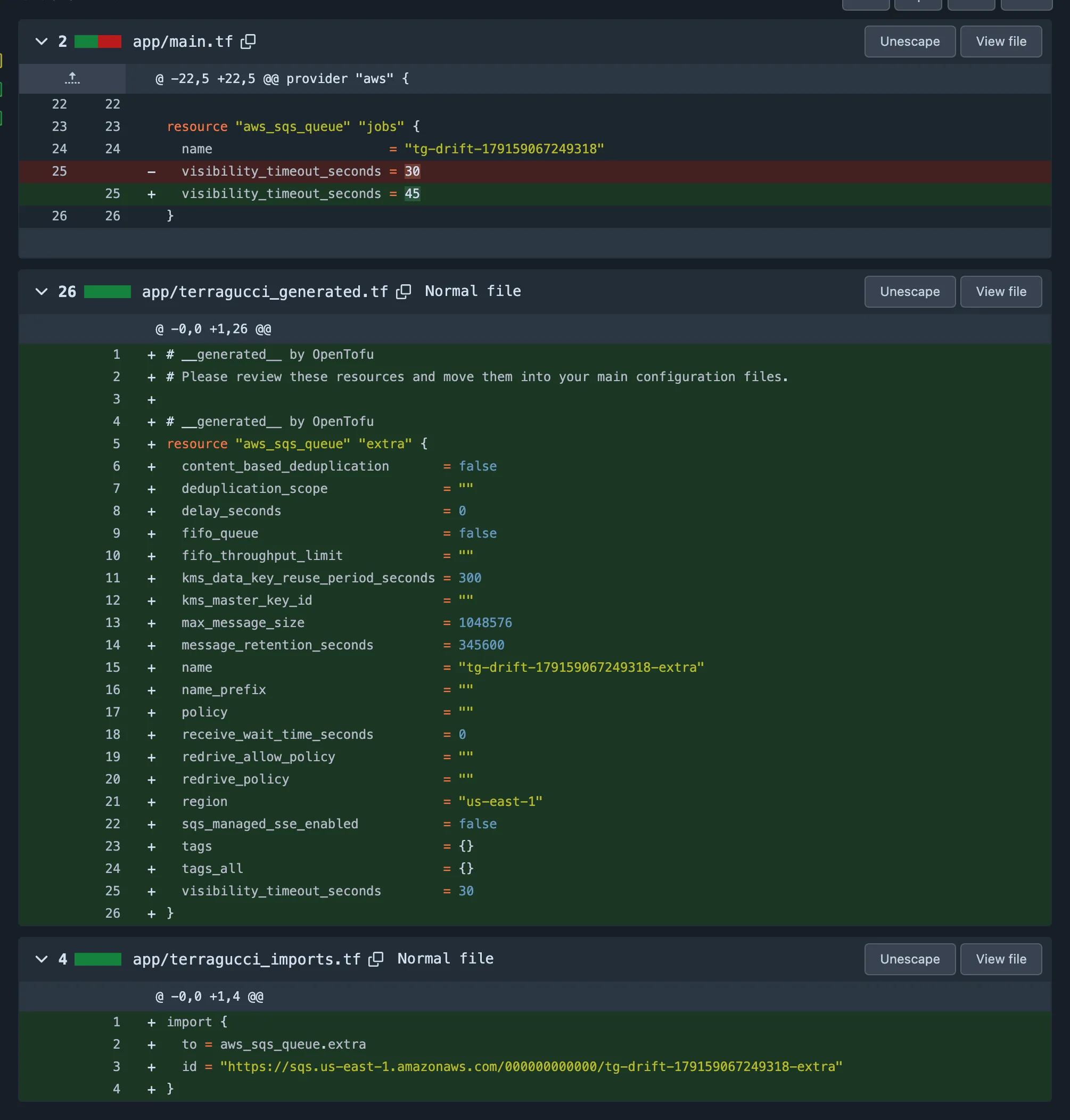 The drift pull request's files: main.tf takes visibility_timeout_seconds = 45, terragucci_imports.tf adds an import block for the other queue, and terragucci_generated.tf holds that queue's generated config