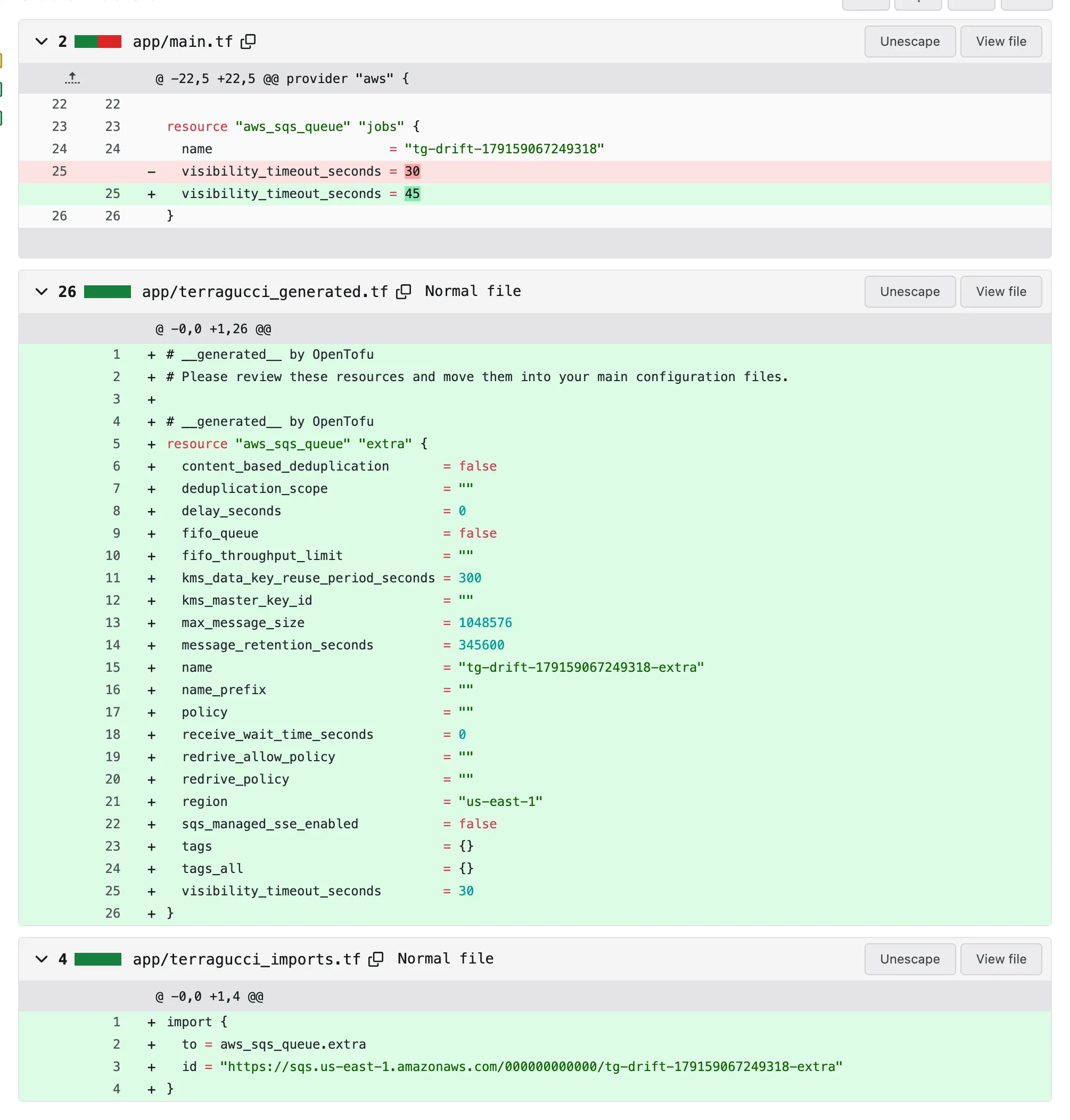 The drift pull request's files: main.tf takes visibility_timeout_seconds = 45, terragucci_imports.tf adds an import block for the other queue, and terragucci_generated.tf holds that queue's generated config