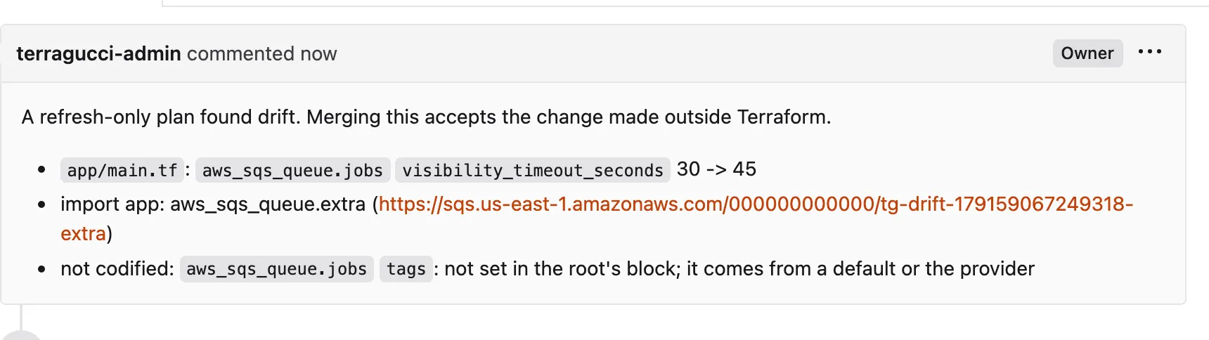 The Codify drift pull request in Forgejo, from the terragucci/drift branch: its body lists the queue timeout written from its live value and the queue to import