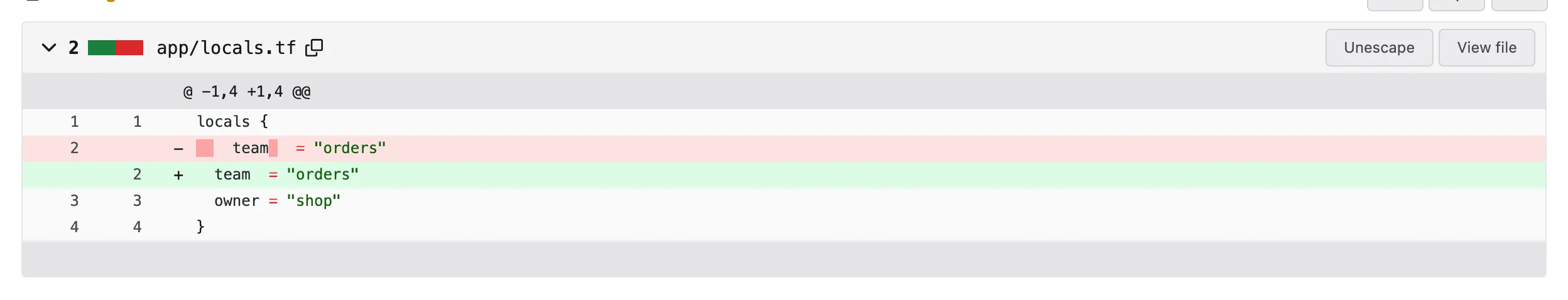 The style: tofu fmt commit on a pull request's branch in Forgejo, realigning the locals in app/locals.tf