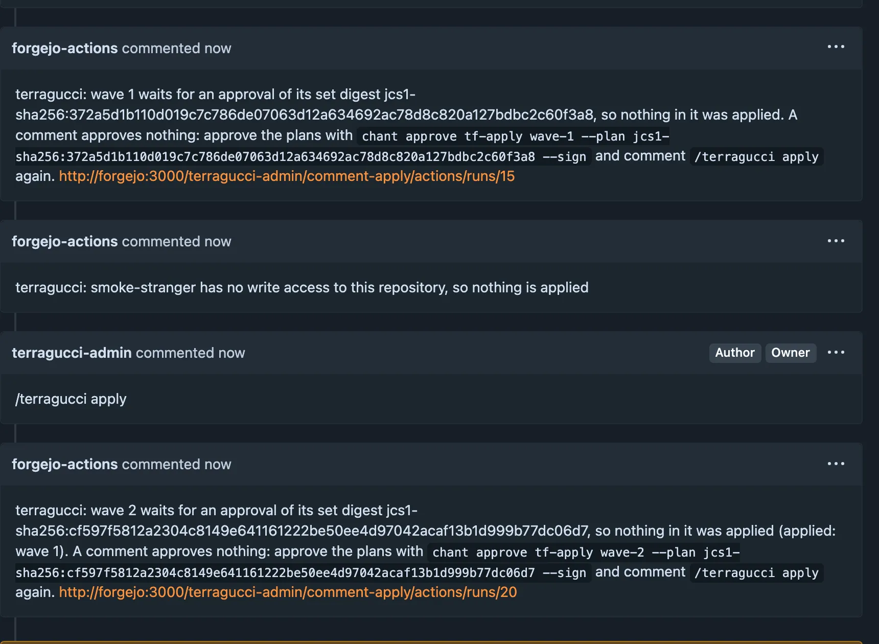 A merged pull request\'s replies in Forgejo: wave 1 waits for an approval of its set digest, with the terragucci approve --sign command; a commenter with no write access is refused; and, once wave 1 is sealed, wave 1 applies and the reply says wave 2 now waits, linking the run