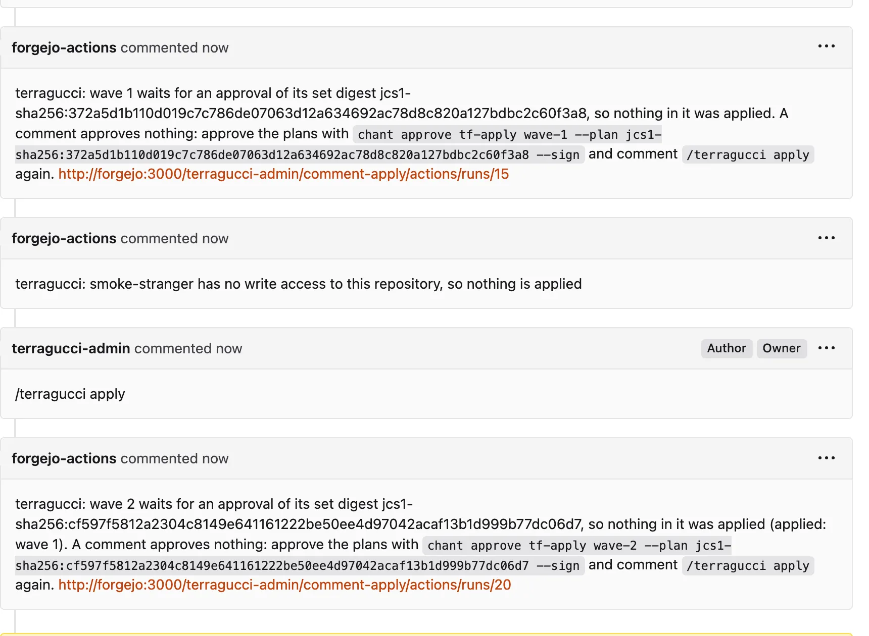 A merged pull request\'s replies in Forgejo: wave 1 waits for an approval of its set digest, with the terragucci approve --sign command; a commenter with no write access is refused; and, once wave 1 is sealed, wave 1 applies and the reply says wave 2 now waits, linking the run