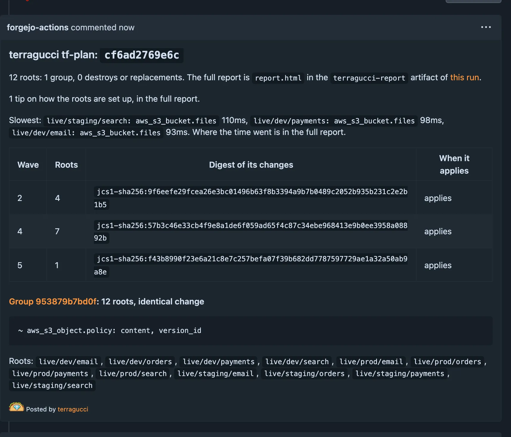 The plan note on the module-bump pull request of the Terragrunt example in Forgejo: the 12 service units planned for the change to modules/service/policy.json, and no platform unit