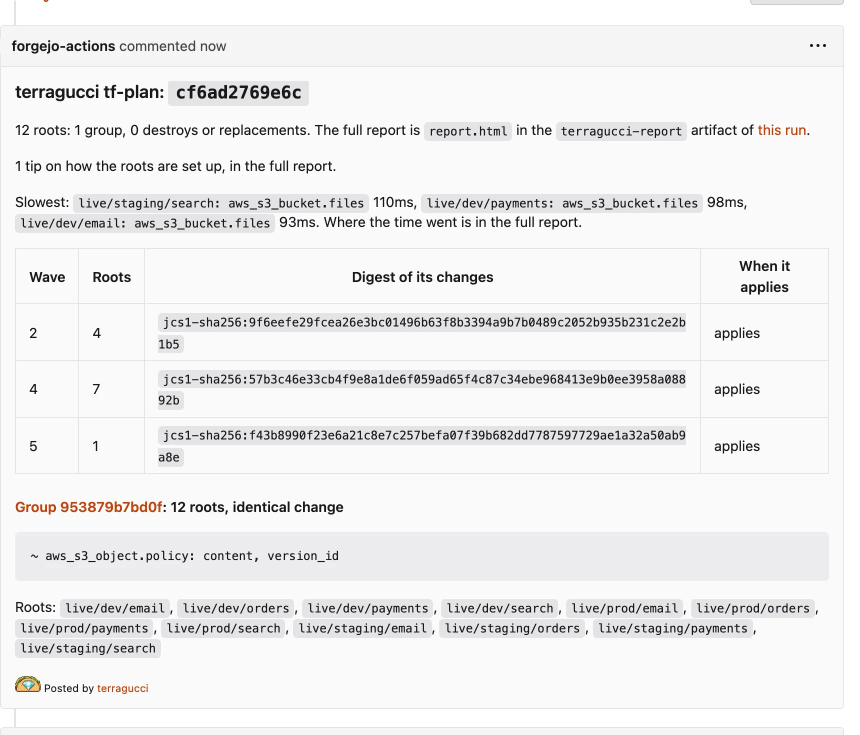 The plan note on the module-bump pull request of the Terragrunt example in Forgejo: the 12 service units planned for the change to modules/service/policy.json, and no platform unit