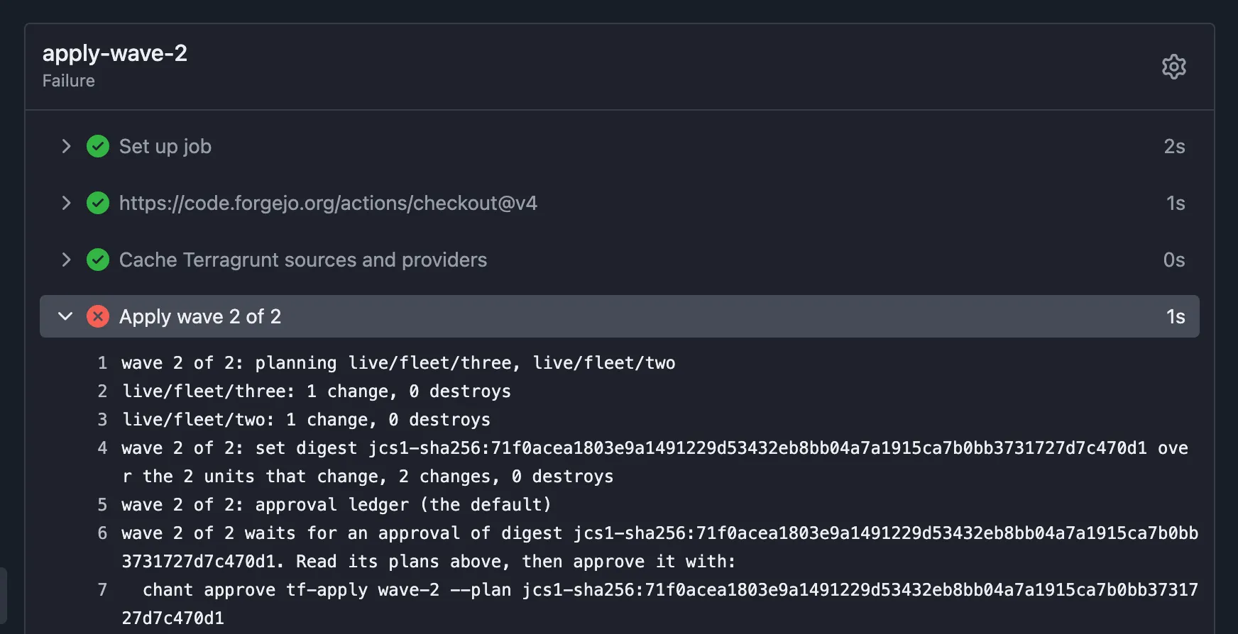 A Terragrunt repo's apply-wave-2 job in Forgejo, after wave 1 was approved: it plans live/fleet/three and live/fleet/two, one change each, waits for an approval of the set digest over the two units under approval: ledger, prints the terragucci approve wave-2 command, and exits with code 3