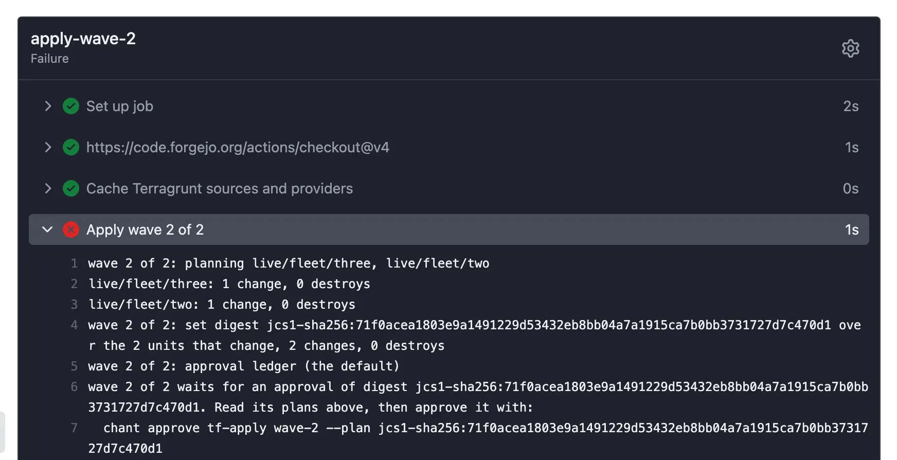 A Terragrunt repo's apply-wave-2 job in Forgejo, after wave 1 was approved: it plans live/fleet/three and live/fleet/two, one change each, waits for an approval of the set digest over the two units under approval: ledger, prints the terragucci approve wave-2 command, and exits with code 3