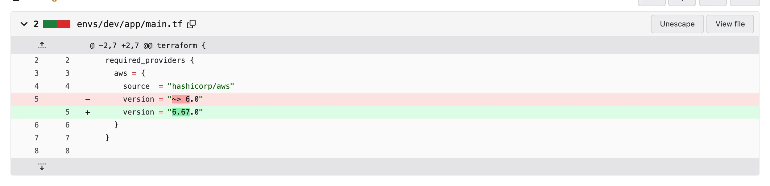 The pull request the tips job opens for a provider taken by a range: one file, main.tf, pinning hashicorp/aws at the version its lock file holds