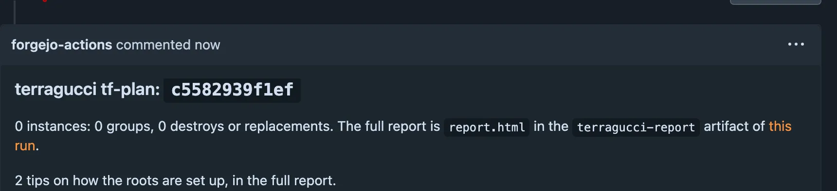 The plan note on a pull request that lets dev search's AWS provider float, with its line counting the tips on how the roots are set up