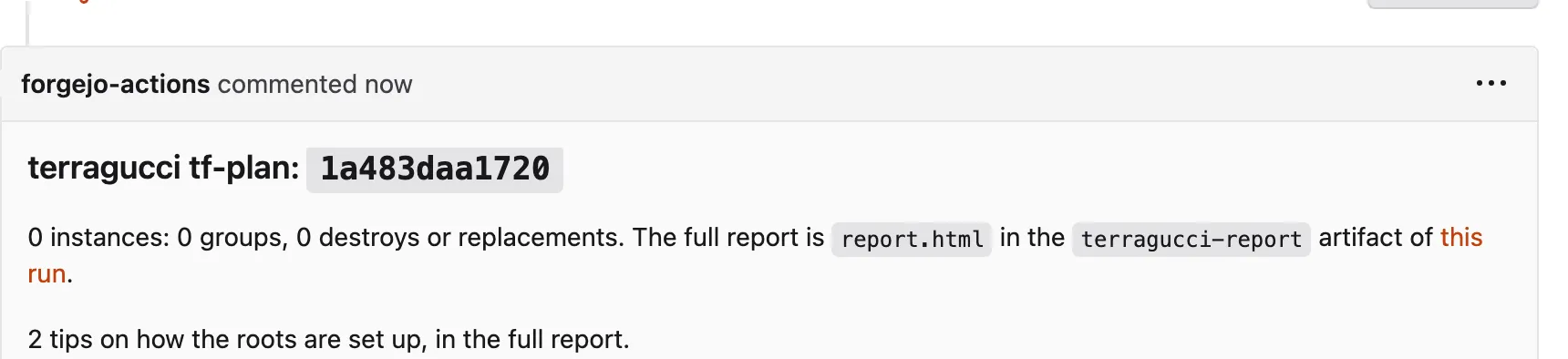 The plan note on a pull request that lets dev search's AWS provider float, with its line counting the tips on how the roots are set up