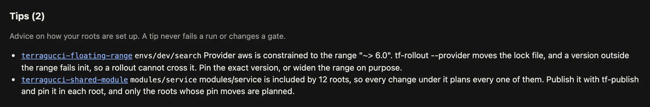 The Tips section of the HTML report, from its heading through its last tip: terragucci-floating-range for envs/dev/search among them, each tip linked to its rule's page